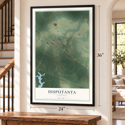Disputanta, Virginia map, 24 x 36 inch print in a black frame by a staircase