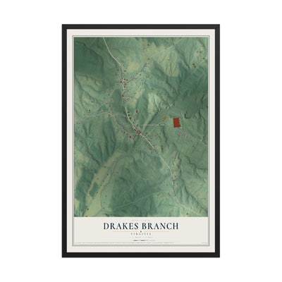 Map of Drakes Branch, Virginia, 12 x 18 inch print in a black wood frame