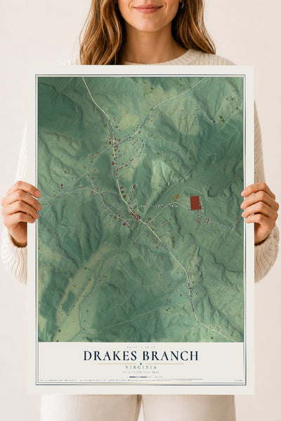 Map of Drakes Branch, Virginia, 18 x 24 inch unframed archival matte print