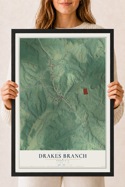 Map of Drakes Branch, Virginia, 18 x 24 inch print in a black wood frame