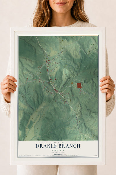 Map of Drakes Branch, Virginia, 18 x 24 inch print in a white wood frame