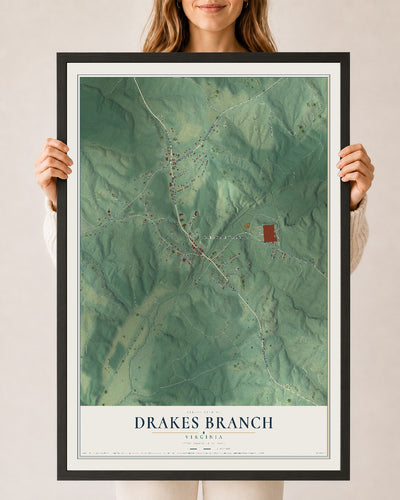 Map of Drakes Branch, Virginia, 24 x 36 inch print in a black wood frame