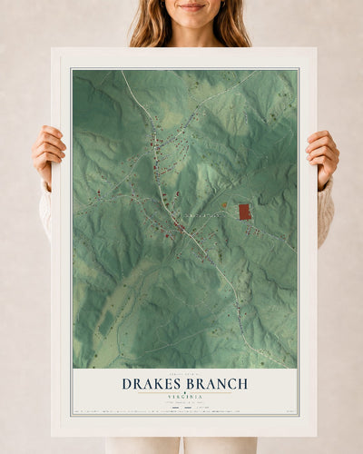 Map of Drakes Branch, Virginia, 24 x 36 inch print in a white wood frame