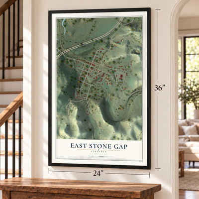 East Stone Gap, Virginia map, 24 x 36 inch print in a black frame by a staircase