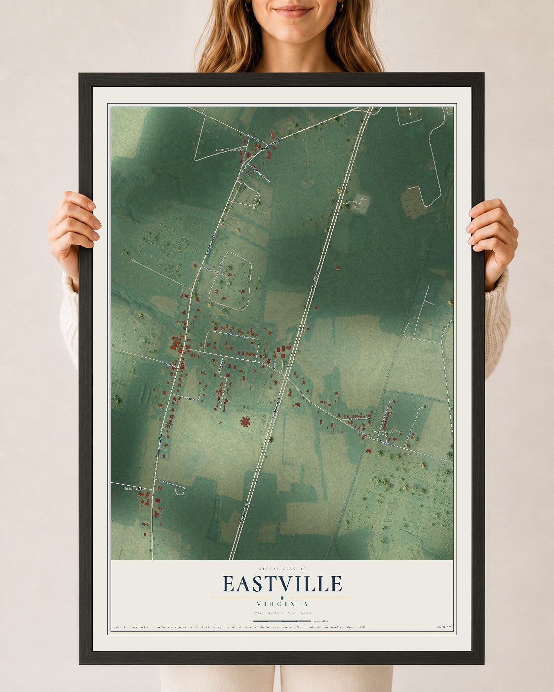 Map of Eastville, Virginia, 24 x 36 inch print in a black wood frame