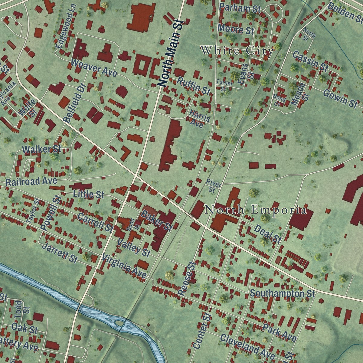 Close-up of the map of Emporia, Virginia print showing street and building detail
