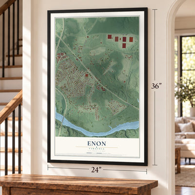 Enon, Virginia map, 24 x 36 inch print in a black frame by a staircase