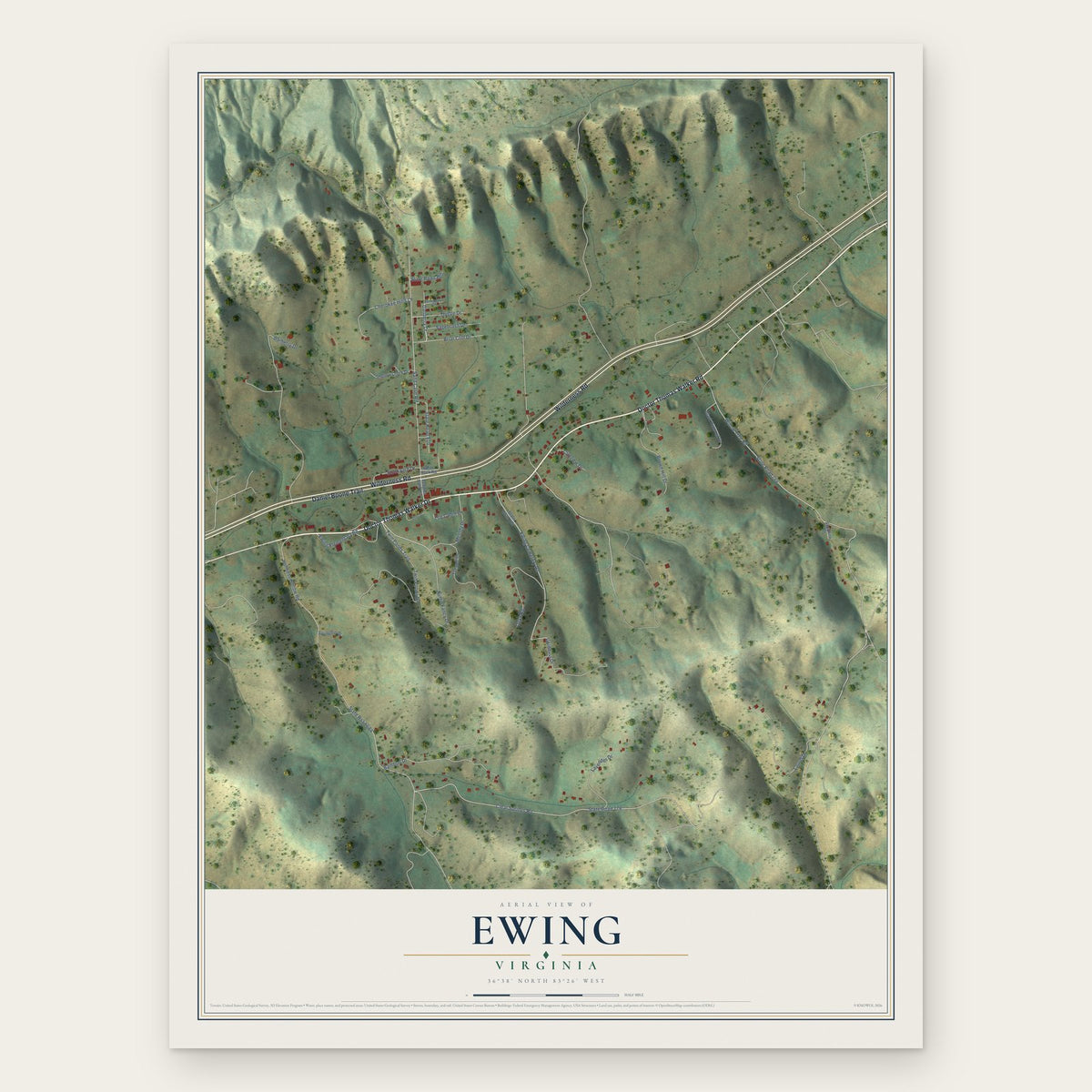 Ewing, Virginia map print, the full design