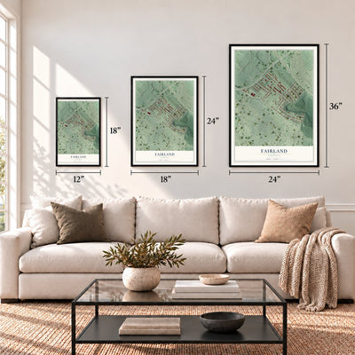 Fairland, Virginia map in 12 x 18, 18 x 24 and 24 x 36 inch sizes above a sofa