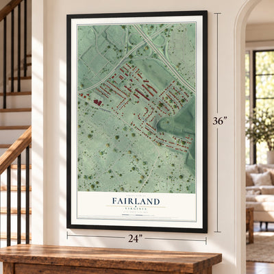 Fairland, Virginia map, 24 x 36 inch print in a black frame by a staircase