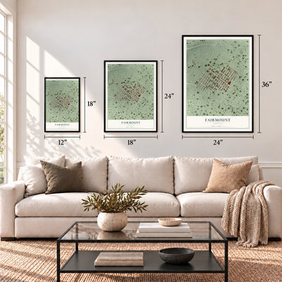 Fairmount, Virginia map in 12 x 18, 18 x 24 and 24 x 36 inch sizes above a sofa