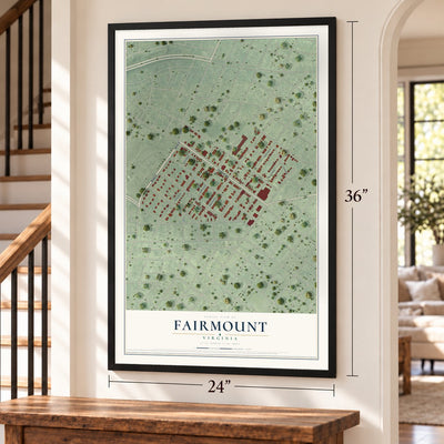 Fairmount, Virginia map, 24 x 36 inch print in a black frame by a staircase