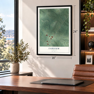 Fairview, Virginia map, 18 x 24 inch print in a black frame in a home office