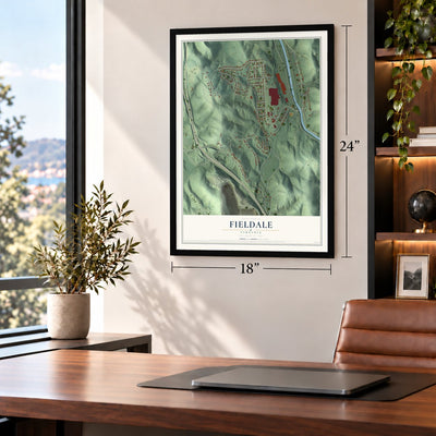 Fieldale, Virginia map, 18 x 24 inch print in a black frame in a home office