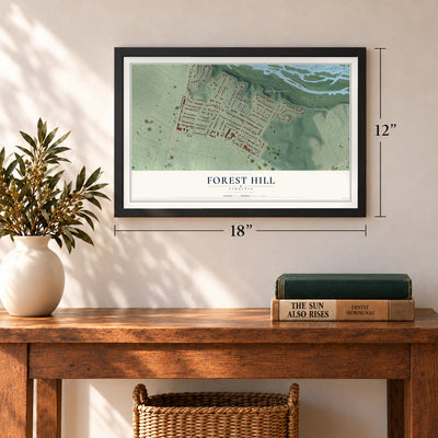 Forest Hill, Virginia map, 12 x 18 inch print in a black frame in an entryway