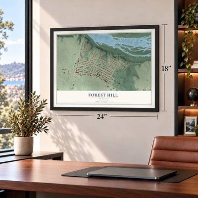Forest Hill, Virginia map, 18 x 24 inch print in a black frame in a home office