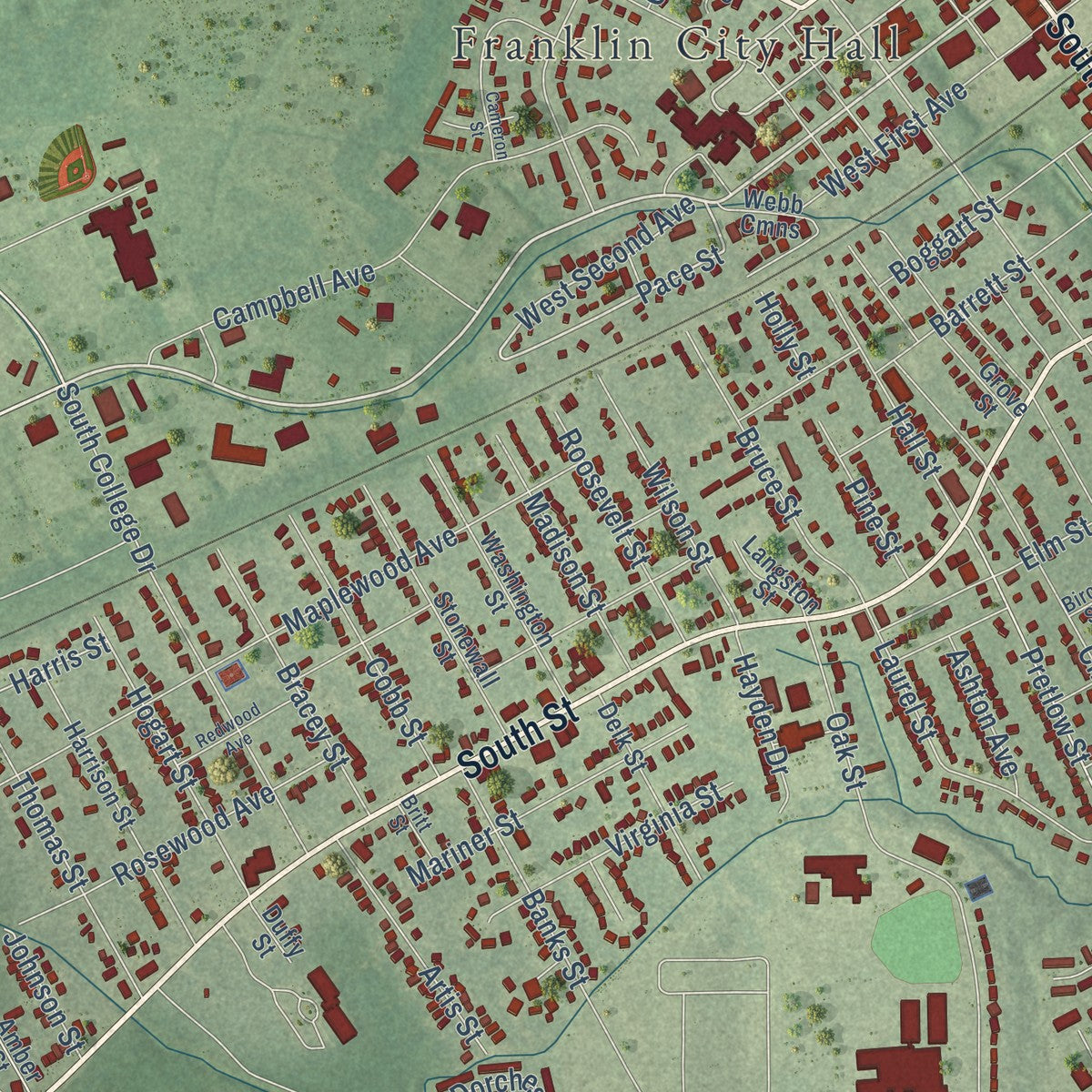 Close-up of the map of Franklin, Virginia print showing street and building detail