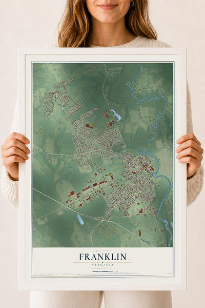 Map of Franklin, Virginia, 18 x 24 inch print in a white wood frame