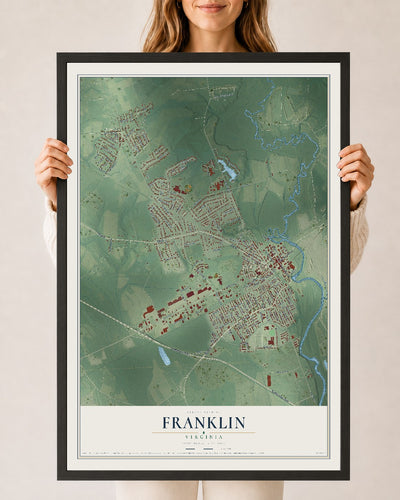 Map of Franklin, Virginia, 24 x 36 inch print in a black wood frame
