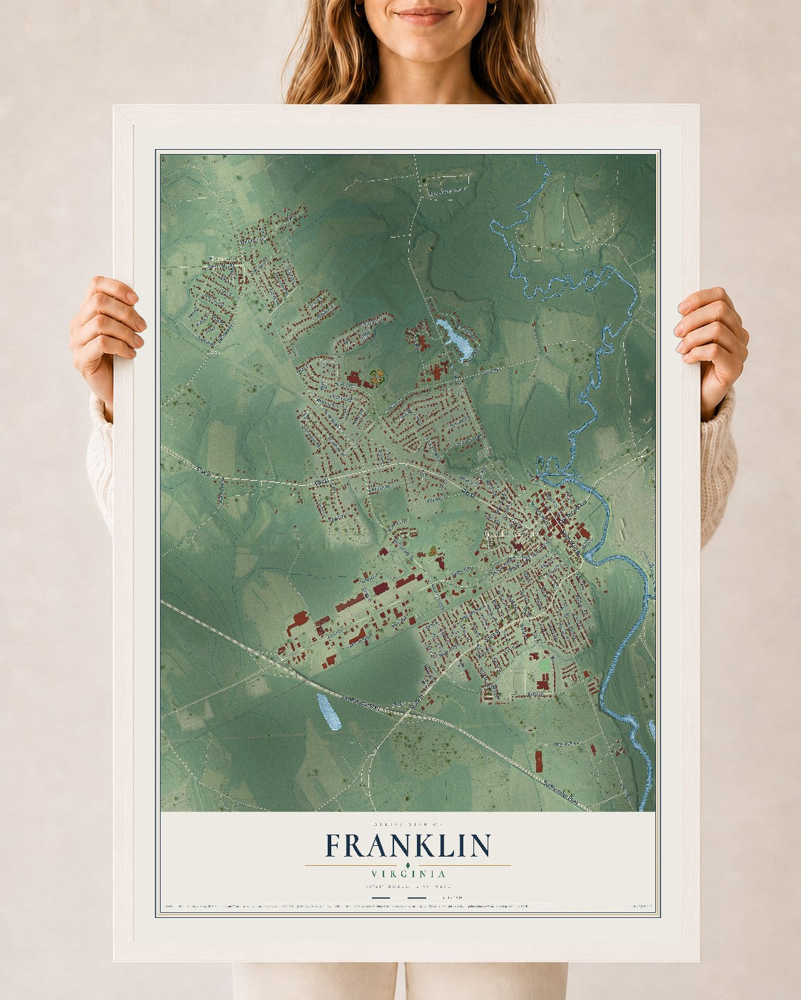 Map of Franklin, Virginia, 24 x 36 inch print in a white wood frame