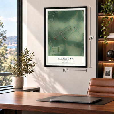 Franktown, Virginia map, 18 x 24 inch print in a black frame in a home office