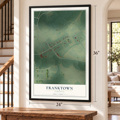 Franktown, Virginia map, 24 x 36 inch print in a black frame by a staircase