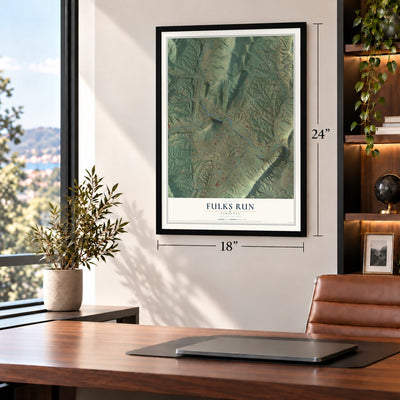 Fulks Run, Virginia map, 18 x 24 inch print in a black frame in a home office