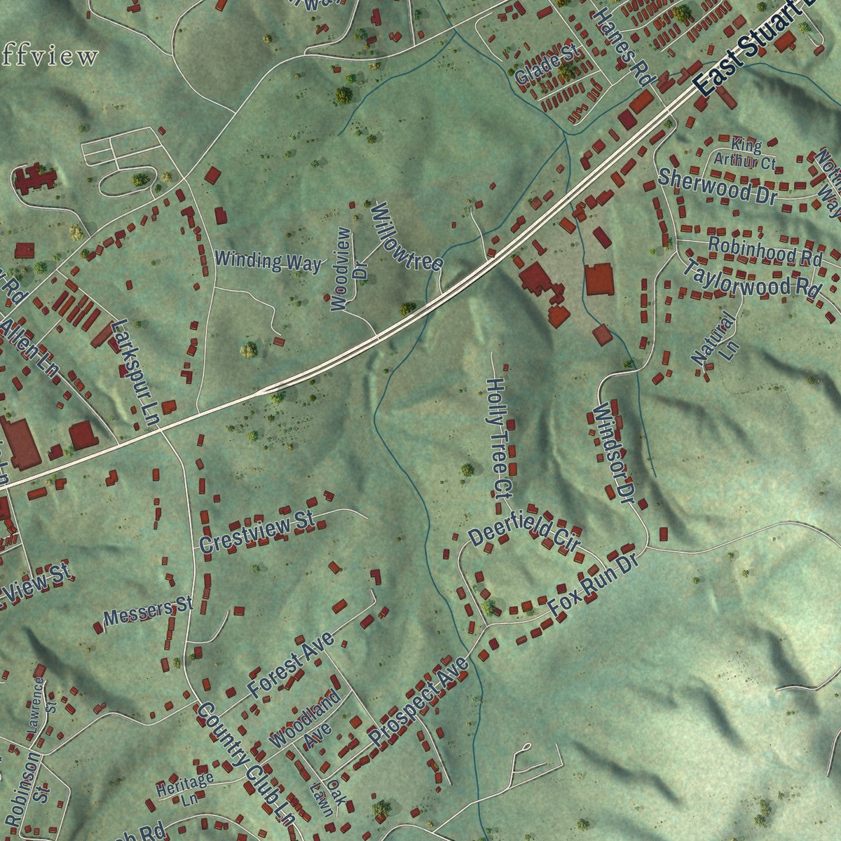Second close-up of the map of Galax, Virginia print showing more streets and buildings