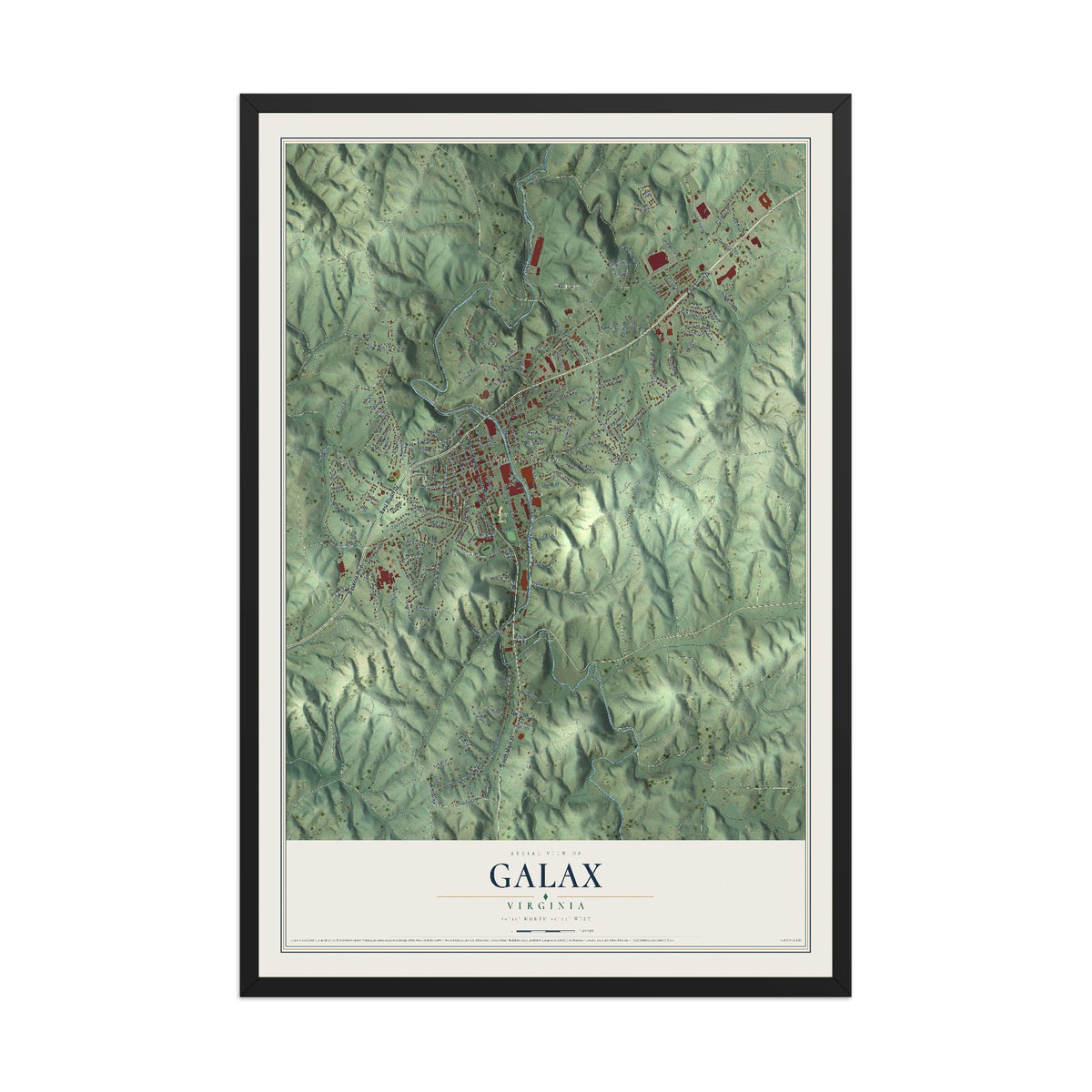 Map of Galax, Virginia, 12 x 18 inch print in a black wood frame
