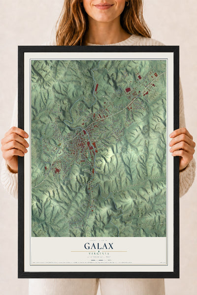 Map of Galax, Virginia, 18 x 24 inch print in a black wood frame