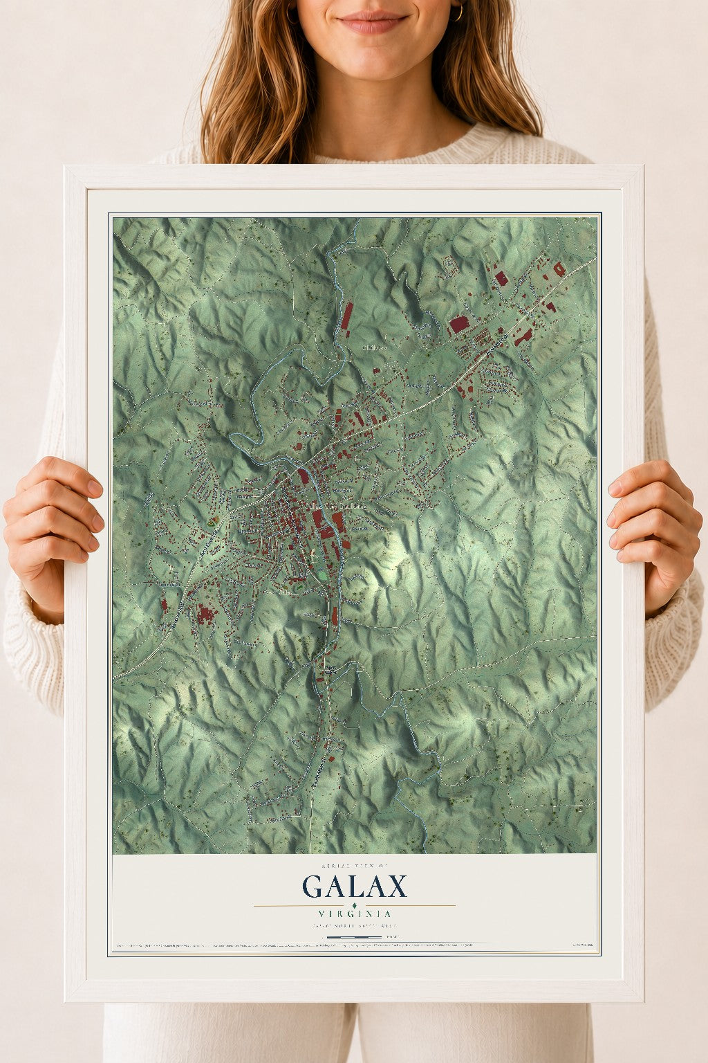 Map of Galax, Virginia, 18 x 24 inch print in a white wood frame