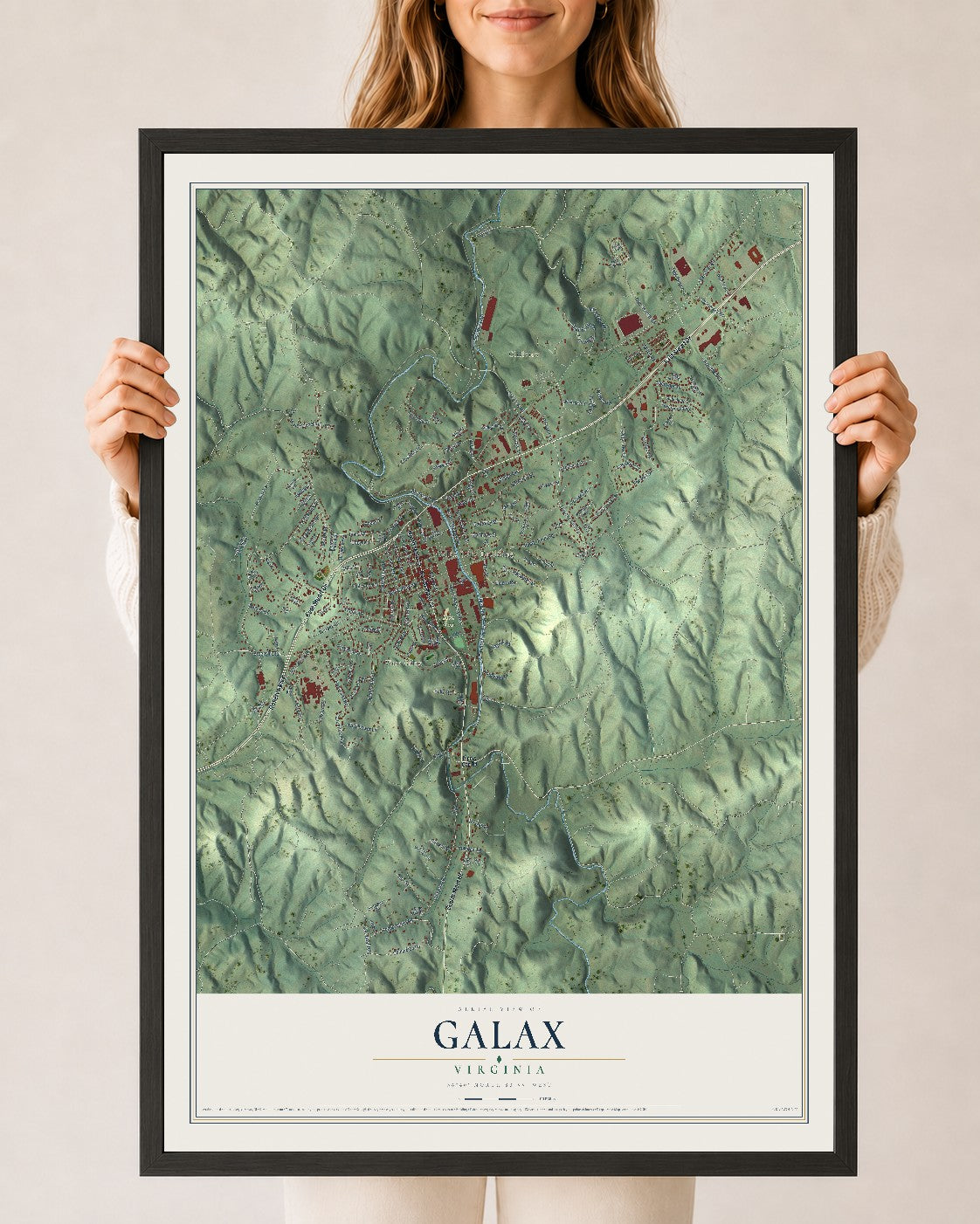 Map of Galax, Virginia, 24 x 36 inch print in a black wood frame