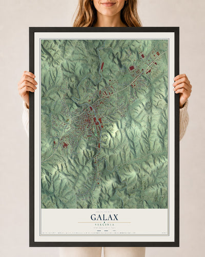 Map of Galax, Virginia, 24 x 36 inch print in a black wood frame