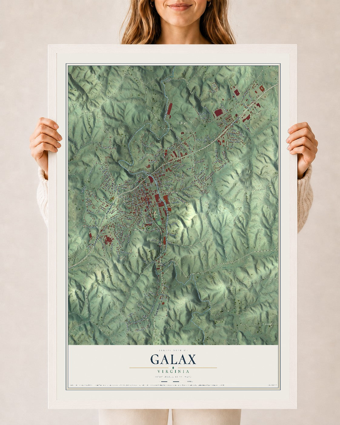 Map of Galax, Virginia, 24 x 36 inch print in a white wood frame