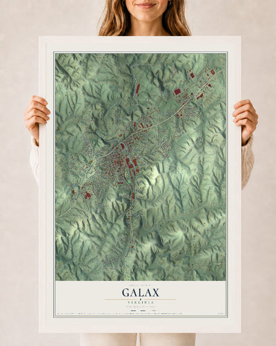 Map of Galax, Virginia, 24 x 36 inch print in a white wood frame