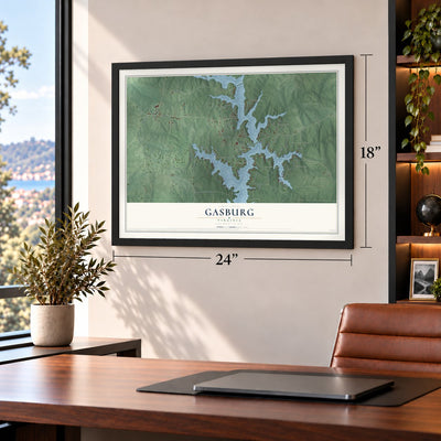 Gasburg, Virginia map, 18 x 24 inch print in a black frame in a home office