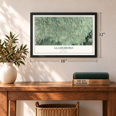 Gladesboro, Virginia map, 12 x 18 inch print in a black frame in an entryway