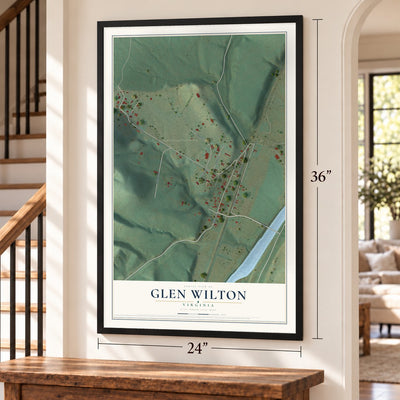 Glen Wilton, Virginia map, 24 x 36 inch print in a black frame by a staircase