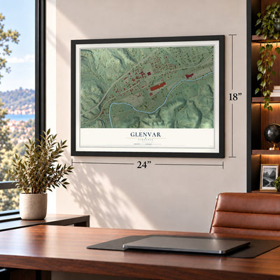 Glenvar, Virginia map, 18 x 24 inch print in a black frame in a home office