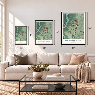 Goose Creek Village, Virginia map in 12 x 18, 18 x 24 and 24 x 36 inch sizes above a sofa
