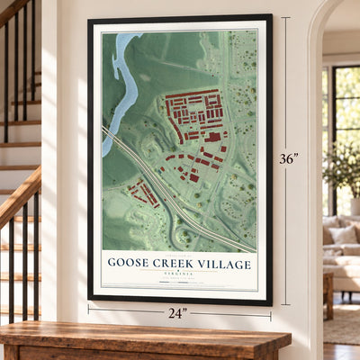 Goose Creek Village, Virginia map, 24 x 36 inch print in a black frame by a staircase
