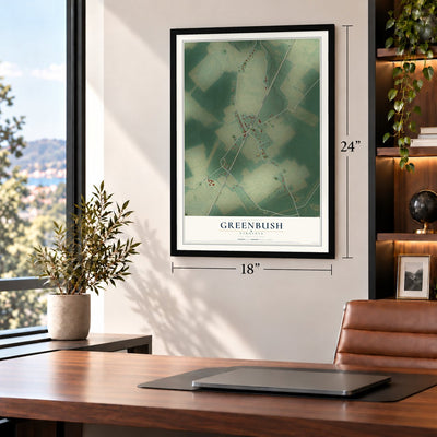 Greenbush, Virginia map, 18 x 24 inch print in a black frame in a home office