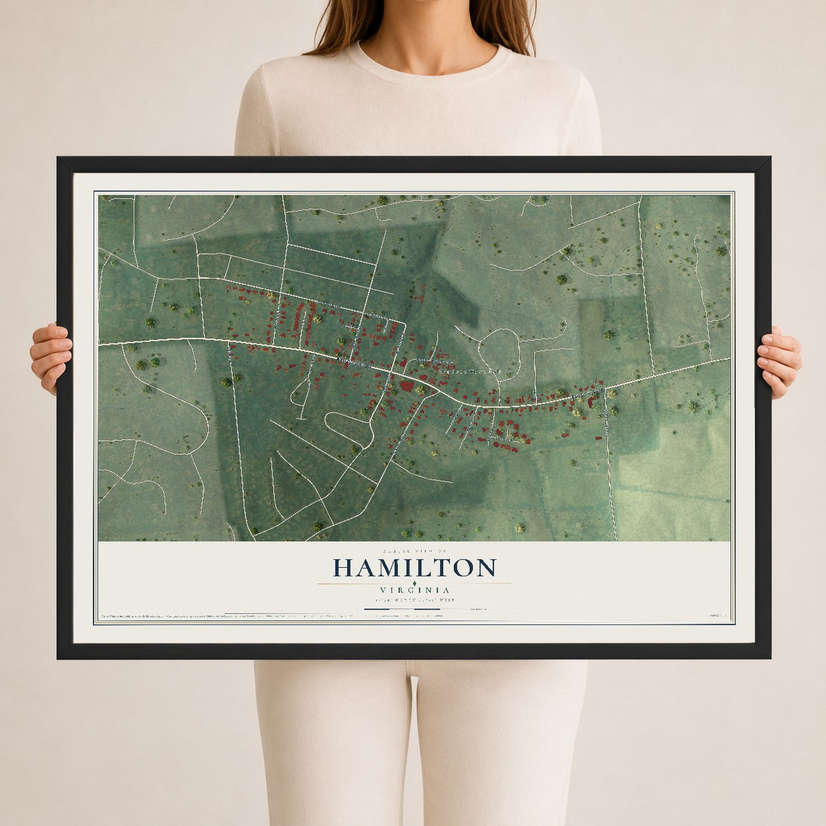 Map of Hamilton, Virginia, 24 x 36 inch print in a black wood frame