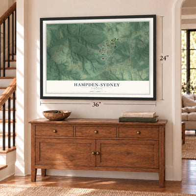 Hampden-Sydney, Virginia map, 24 x 36 inch print in a black frame above a dresser by a staircase