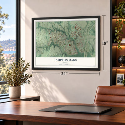 Hampton Oaks, Virginia map, 18 x 24 inch print in a black frame in a home office