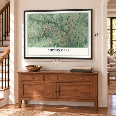 Hampton Oaks, Virginia map, 24 x 36 inch print in a black frame above a dresser by a staircase