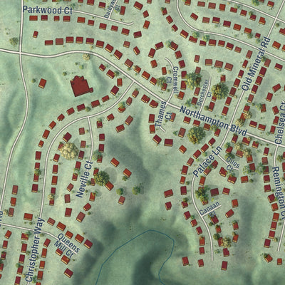 Close-up of the map of Hampton Oaks, Virginia print showing street and building detail