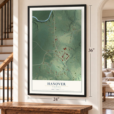 Hanover, Virginia map, 24 x 36 inch print in a black frame by a staircase