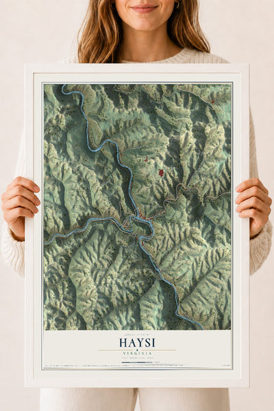 Map of Haysi, Virginia, 18 x 24 inch print in a white wood frame