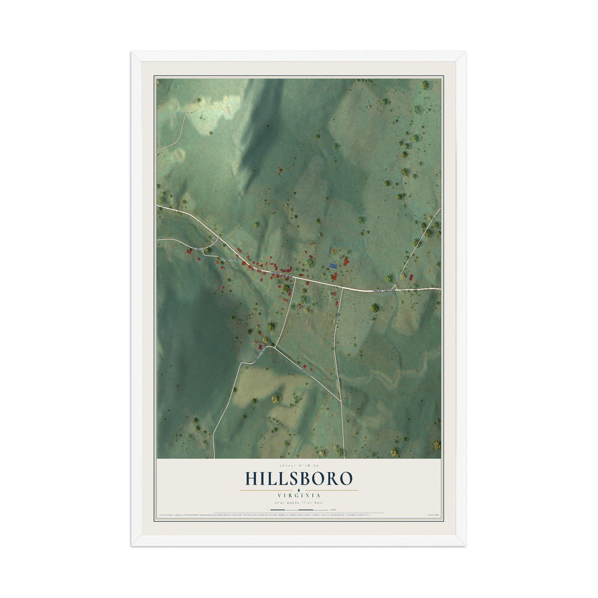 Map of Hillsboro, Virginia, 12 x 18 inch print in a white wood frame
